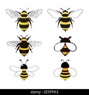 Bienen Icon Set. Niedliche Bienenkollektion. Vektorgrafik isoliert auf Weiß Stock Vektor