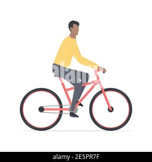 Junger afrikanischer Mann fährt Fahrrad. Cartoon schwarz slin Kerl auf Fahrrad. Gesundes Lifestyle-Konzept. Vektorgrafik isoliert auf Weiß Stock Vektor