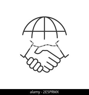 Symbol für Handshake und Globe Line. Konzept des internationalen Abkommens. Weltpartnerschaft lineares Symbol. Vektor auf Weiß isoliert. Stock Vektor