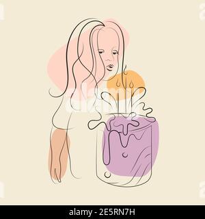 Face Line Art kleines Mädchen weht Kerzen auf Happy Birthday Kuchen Stock Vektor