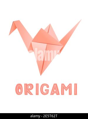 Rosa Origami-Kran - Vektor-Illustration isoliert auf weißem Hintergrund. ORIGAMI-Schriftzug, Handschriftzug mit Kran für Grußkarten. Welt-Origami-Tag, Tag Des Weißen Kranichs. Stock Vektor