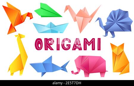 Papier Origami-Formen - Vogel, Flugzeug, Kran, Pfau, Giraffe, Boot, Hai, Fuchs, Elefant. Die japanische Kunst des Faltens von Papierfiguren ist ein Hobby, Nadelarbeit. Welt-Origami-Tag, Tag Des Weißen Kranichs. Vektor Stock Vektor