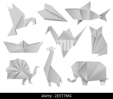 Origami Tiere Set - Vogel, Flugzeug, Kran, Pfau, Giraffe, Boot, Hai, Fuchs, Elefant. Die japanische Kunst des Faltens von Papierfiguren ist ein Hobby, Nadelarbeit. Welt-Origami-Tag, Tag Des Weißen Kranichs. Vektor Stock Vektor