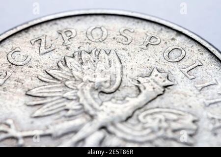 Eine alte polnische Zloty Münze Makro Detail. Stockfoto