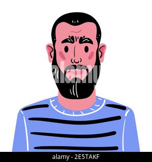 Porträt eines Mannes mittleren Alters mit Bart und dunklem Haar. Illustration eines Mann-Avatars in einem blauen Pullover mit Streifen. Handgezeichnetes Gesicht isoliert auf weißem Hintergrund. Stock Vektor