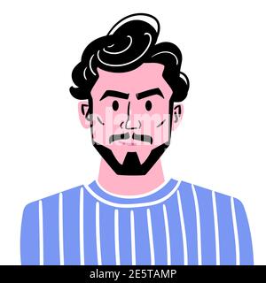 Porträt eines jungen Mannes mit modischem Haarschnitt, Bart und Schnurrbart. Illustration eines Avatars eines Mannes in einem blauen Pullover mit Streifen. Handgezeichnetes Gesicht isoliert auf weißem Hintergrund. Stock Vektor