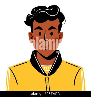 Porträt eines jungen lächelnden dunkelhäutigen Kerls mit modischem Haarschnitt. Illustration eines Avatars eines Mannes in einer gelben modischen Sportjacke. Handgezeichnetes Gesicht isoliert auf weißem Hintergrund. Stock Vektor