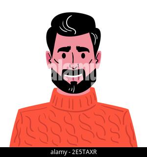 Porträt eines jungen Mannes mit modischem Haarschnitt, Bart und Schnurrbart. Illustration eines Avatars eines Mannes in einem roten Strickpullover. Handgezeichnetes Gesicht isoliert auf weißem Hintergrund. Stock Vektor
