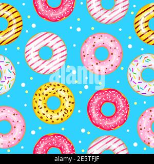 Donuts nahtlose Muster für Stoff, Geschenkpapier, Tapete, Hintergrund für die Website. Ein Muster aus hellen, mehrfarbigen Donuts in Glasur auf blauem Hintergrund. Stock Vektor