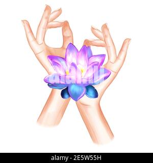 Hände in Yoga-Mudra mit Lotusblume. Gyan-Mudra-Illustration. Yogische Handbewegung. Kinn Mudra für das Bewusstsein Stockfoto