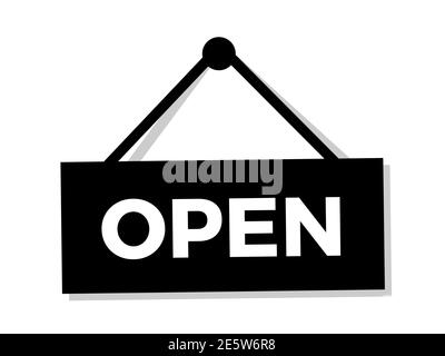 Schild und Schild mit OFFENEM Text. Vektorgrafik isoliert auf Weiß. Stockfoto