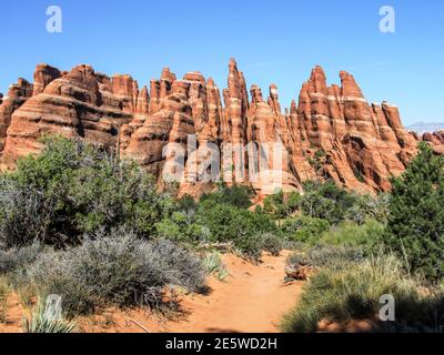 An einem sonnigen Tag im Teufelsgarten des Arches National Park, Utah, USA, finden Sie feine Sandsteinflossen und Turmspitzen Stockfoto