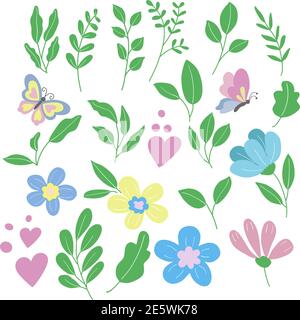 Set von Frühlingselementen - rosa, gelb, blau Blumen Blätter und Schmetterling in Vektorgrafiken auf weißem Hintergrund. Für die Gestaltung von Plakaten Stock Vektor