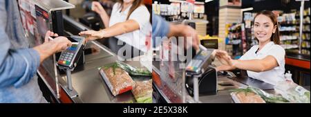 Collage von Mann zahlen mit Smartphone in der Nähe lächelnd Kassierer und Essen auf Supermarkt Kasse, Banner Stockfoto