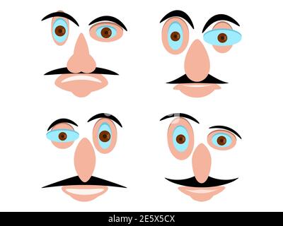 Gesichter von Männern mit Schnurrbart im Cartoon-Stil. Set von Gesichtern mit ausdrucksstarken Emotionen. Modernes Porträt. Vektorgrafik Stock Vektor