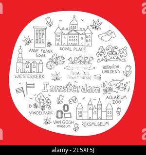 amsterdam City Doodle auf rot Stock Vektor