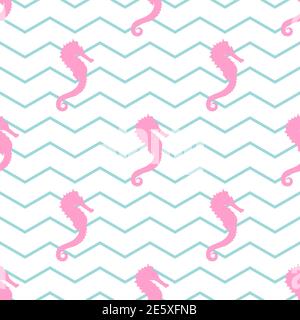 Nahtloses Muster mit rosa Seepferdchen oder Hippocampus auf weißem Hintergrund mit blauem Zickzack. Seepferdchen einfache Textur. Vektorgrafik. Meer o Stock Vektor