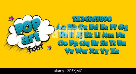 Blue Comic Buch Pop Art Superhero Schrift. Comic Text Alphabet Sammlung. Bold Comics Buch Schriftart mit Halbtonschatten. Sprechblase für Text. Stock Vektor