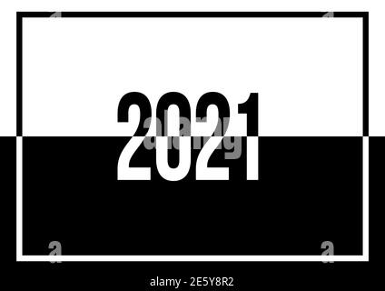 Eine klare und fett gedruckte schwarz-weiße „2021“-Textdarstellung Konzeptdesign, das Polarisierung und Dualität mit Kopierraum symbolisiert Stockfoto
