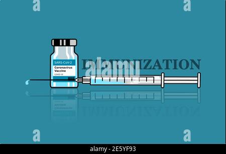 Vektordarstellung von Instrumenten zur Immunisierung gegen das neue Coronavirus, COVID-19, SARS CoV-2: Impfstoff und Spritze. Elemente vollständig editierbar. Stock Vektor