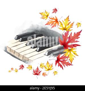 Klaviertasten und bunte Herbstblätter. Herbst Musikkonzept. Handgezeichnete Aquarellillustration isoliert auf weißem Hintergrund Stockfoto