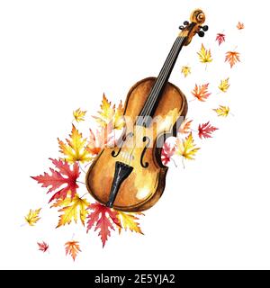 Retro hölzerne braune Geige und bunte Herbstblätter. Herbst Musikkonzept. Handgezeichnete Aquarellillustration isoliert auf weißem Hintergrund Stockfoto