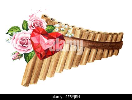 Holzpfannenflöte oder Panpipe, musikalische Blasinstrumente. Melodie der Liebe Konzept. Handgezeichnete Aquarellillustration isoliert auf weißem Hintergrund Stockfoto