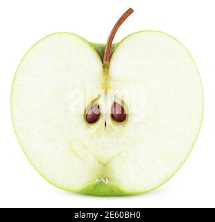 Grüner Apfel Hälfte mit Samen isoliert auf weißem Hintergrund. Die Hälfte der grünen Apfelfrucht mit Schneideweg. Volle Schärfentiefe Stockfoto
