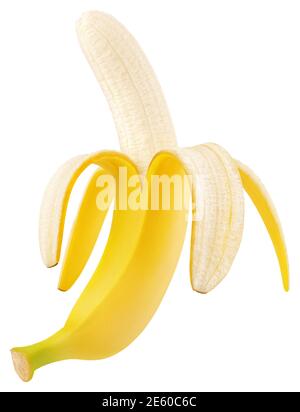 Halb geschälte Banane isoliert auf weißem Hintergrund. Reife offene Banane mit Clipping Pfad. Volle Schärfentiefe Stockfoto