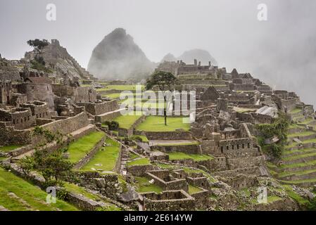 Inka-Ruinen in Machu Picchu, Peru an einem nebligen, nebligen Tag. Stockfoto