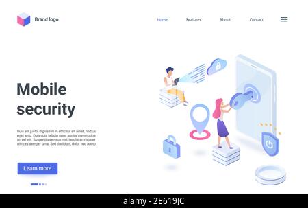 Isometrische Vektordarstellung der mobilen Sicherheitstechnik. Cartoon Benutzer Menschen stehen mit Schlüssel in der Nähe des Smartphones, mit sicheren Cyber-Netzwerk-Service für Datenschutz Landing Page Stock Vektor