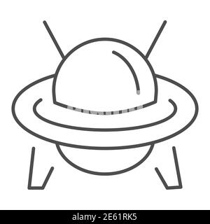 UFO dünne Linie Symbol, Transport-Symbol, fliegende Untertasse Vektor-Zeichen auf weißem Hintergrund, UFO-Raumschiff-Symbol in Umriss-Stil für mobile Konzept und Stock Vektor
