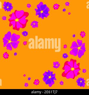 Lebendige Blumen in rosa, rot, lila auf orangefarbenem Hintergrund mit Kopierfläche Stockfoto