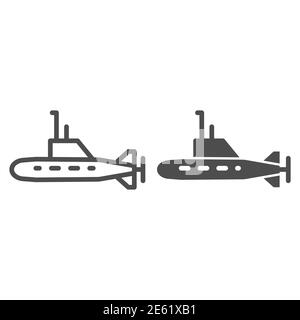 U-Boot-Linie und solide Symbol, Kriegsschiff Transport Symbol, Unterwasser-Boot Vektor-Zeichen auf weißem Hintergrund, U-Boot mit Periskop Symbol in Umriss Stock Vektor