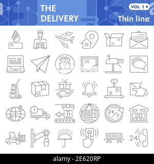 Lieferung dünne Linie Icon Set, Logistik Symbole Set Sammlung oder Vektor-Skizzen. Versand Schilder Set für Computer Web, die lineare Piktogramm-Stil Stock Vektor
