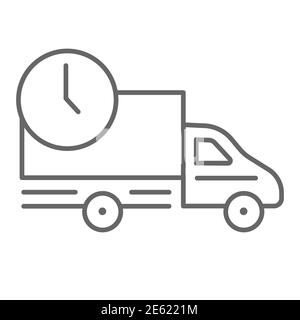 Auto Lieferung dünne Linie Symbol, Liefersymbol, schnelle Logistik LKW mit Uhr Vektor-Zeichen auf weißem Hintergrund, Versand LKW-Symbol in Umriss Stil Stock Vektor
