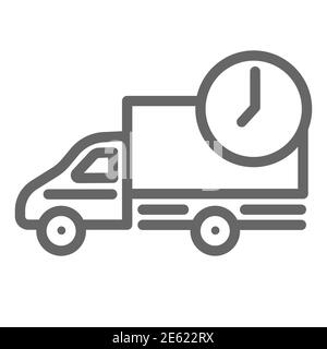 Auto-Lieferlinie Symbol, Liefersymbol, schnelle Logistik LKW mit Uhr Vektor-Zeichen auf weißem Hintergrund, Versand LKW-Symbol in Umriss-Stil mobile Stock Vektor