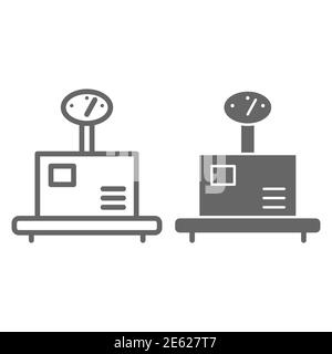 Verpackung auf Gewichtslinie und massives Symbol, Liefersymbol, Waage mit Box-Vektor-Zeichen auf weißem Hintergrund, Paketgewicht Lager-Symbol in Stock Vektor