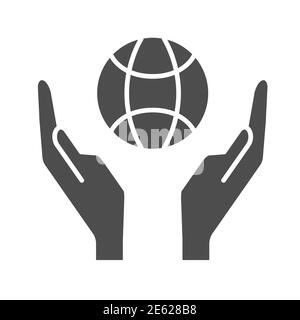 Globe in Handflächen solide Symbol, speichern Erde Konzept, zwei Hand halten Planeten Zeichen auf weißem Hintergrund, Hände mit Erde Symbol in Glyph-Stil für mobile Stock Vektor