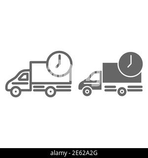 Auto-Lieferlinie und solide Symbol, Liefersymbol, schnelle Logistik LKW mit Uhr Vektor-Zeichen auf weißem Hintergrund, Versand LKW-Symbol in Umriss Stock Vektor