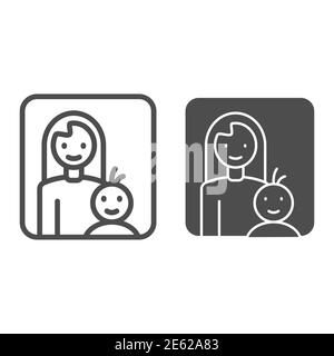 Mutter und Kind Linie und solide Symbol, Mutterschaft Konzept, Mama mit ihrem Baby-Zeichen auf weißem Hintergrund, Mutter und Sohn im Rahmen Symbol in Umriss Stil Stock Vektor