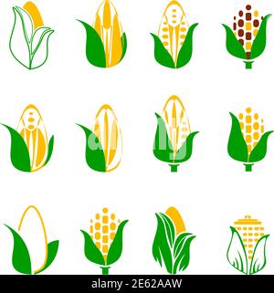 Mais-Symbole werden isoliert auf Weiß gesetzt. Roggensamen mit grünem Blatt. Vektorgrafik Stock Vektor