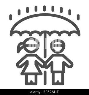 Kinder unter Schirmlinie Symbol, 1. Juni Kinderschutztag Konzept, Junge und Mädchen stehen im Regen unter einem großen Regenschirm Zeichen auf weiß Stock Vektor