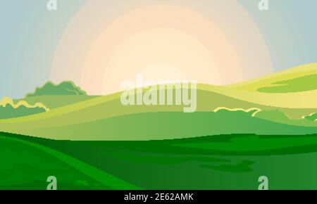 Sommer grüne Landschaft Feld Dämmerung über Hügeln mit Gras. Sonnenaufgang auf dem Land. Cartoon Öko Farm Park. Vektor Illustration Natur Hintergrund Stock Vektor