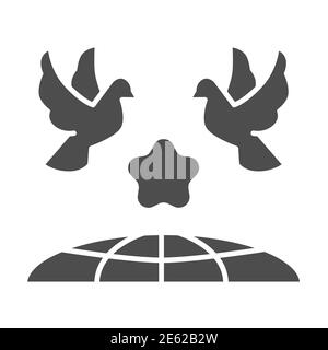 Tauben und Planet Erde solide Ikone, Internationaler Tag des Friedens Konzept, Flying birds under world Globe Zeichen auf weißem Hintergrund, zwei Tauben mit Stern Stock Vektor