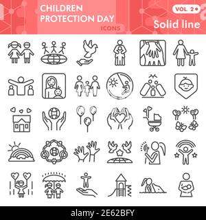 Kinderschutz Tag Linie Icon Set, Kinderschutz Symbole Set Sammlung Vektor Skizzen. Kinder Pflege Zeichen Set für Computer-Web, lineares Piktogramm Stock Vektor