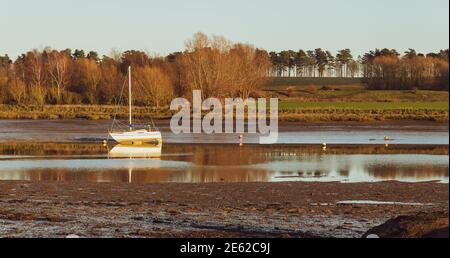 Getöntes Foto des Flusses Deben bei Ebbe, Lockdown-Wanderungen, sonnige Flutwanderung, später Nachmittag am Fluss entlang, Flußwanderung, Woodbridge River Stockfoto