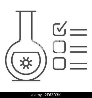 Glaskolben für Analyse und Häkchen dünne Linie Symbol, covid-19 Konzept, Checkliste Zwischenablage mit Tube Test Zeichen auf weißem Hintergrund, Coronavirus-Test Stock Vektor