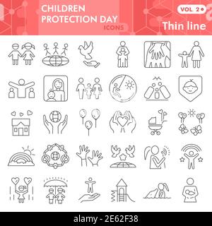 Kinderschutz Tag dünne Linie Symbol-Set, Kindersicherheit Symbole Set Sammlung Vektor Skizzen. Kinder Pflege Zeichen für Computer-Web-Set, linear Stock Vektor