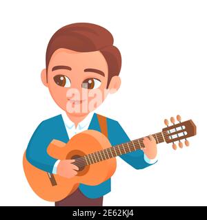 Ein junger Mann spielt Gitarre. Ein Lächeln auf meinem Gesicht. Klassisches Musikinstrument. Illustration einer Zeichentrickfigur auf weißem Hintergrund. Stockfoto